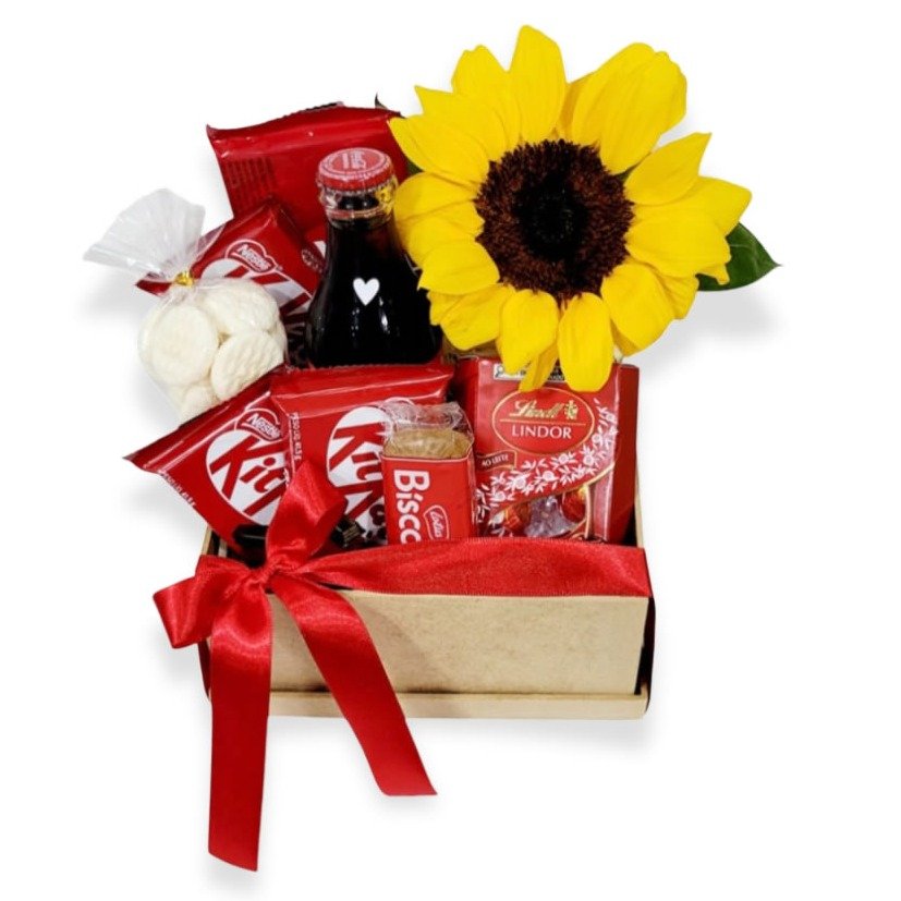 Cesta Com Girassol e Chocolates Red Sol