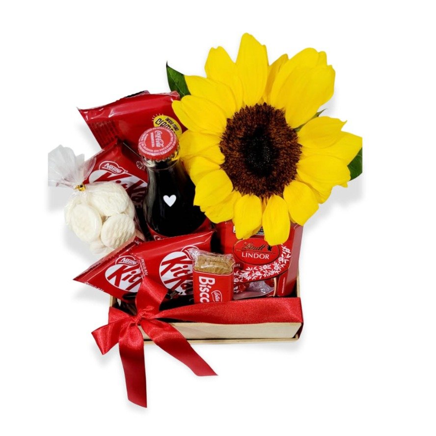 Cesta Com Girassol e Chocolates Red Sol