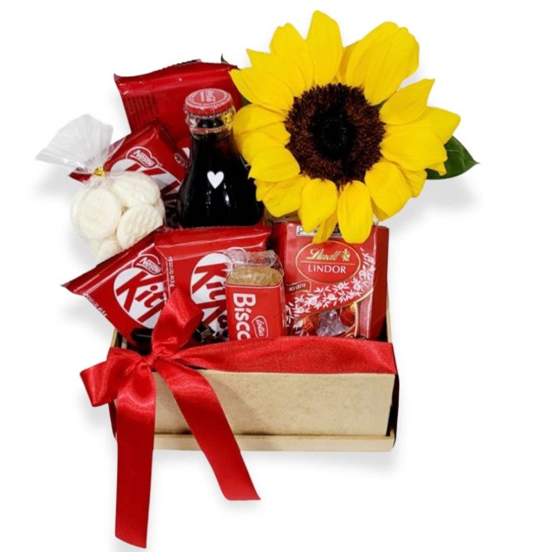 Cesta Com Girassol e Chocolates Red Sol