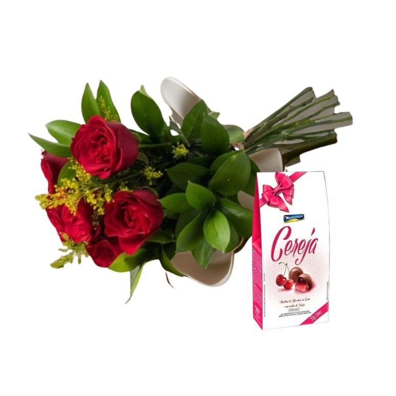 Buquê de 6 Rosas Vermelhas com Caixa Bombom de Cereja 