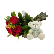 Buquê 6 Flores Vermelhas com Ursinho de Pelucia