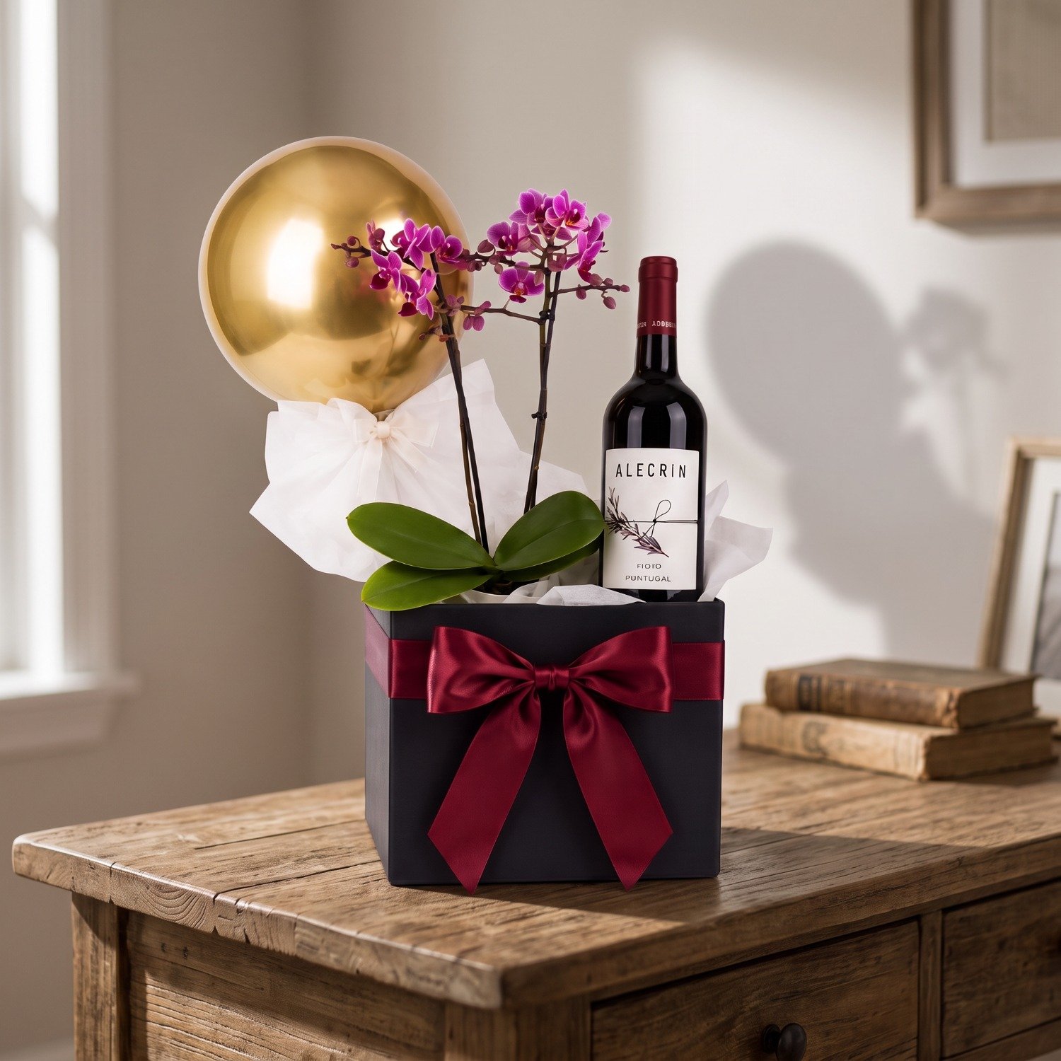 Cesta de Presente com Orquídea, Balão e Vinho