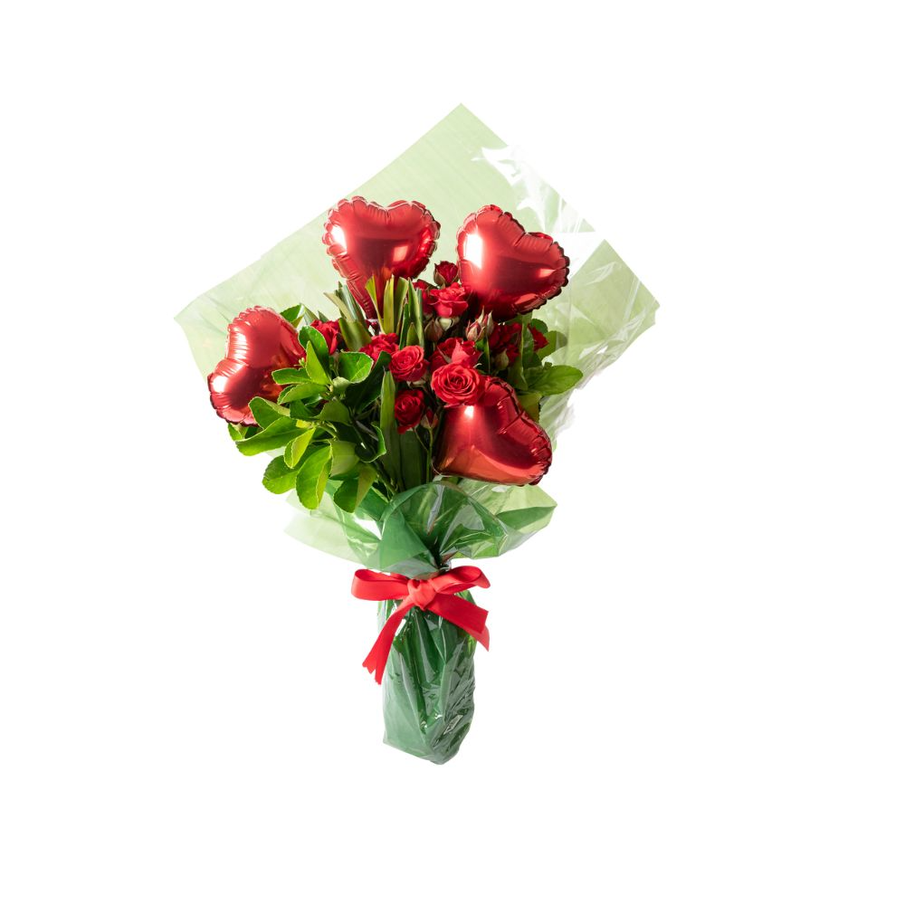 Buquê de Mini Rosa Vermelhas com Balão Coração