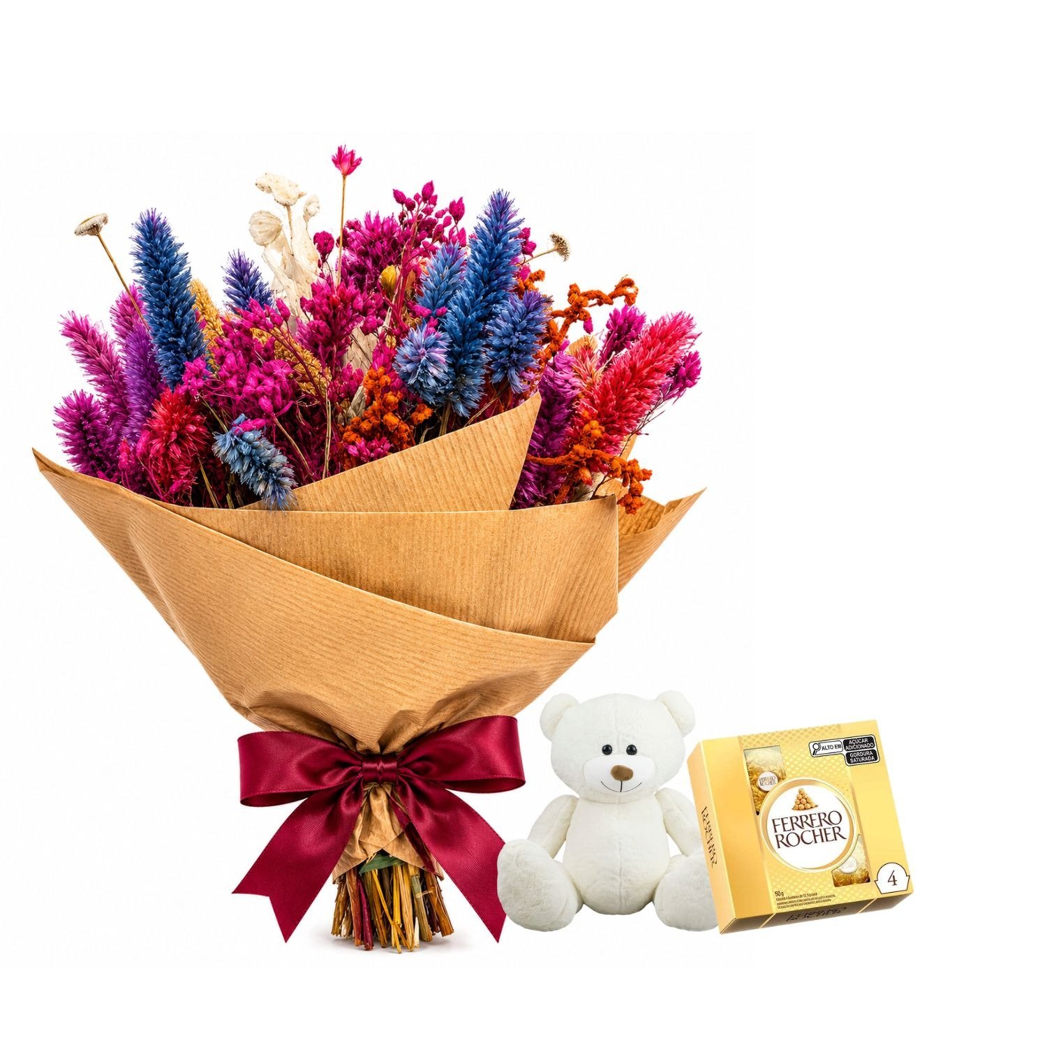 Mini Buquê de Flores Seca com Urso e Chocolates