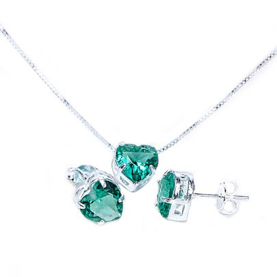 Conjunto de Prata Coração Verde Água