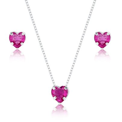 Conjunto Colar e Brinco Rosa de Prata 925