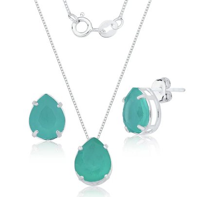 Conjunto Colar e Brinco Zircônias Verde - Prata 925