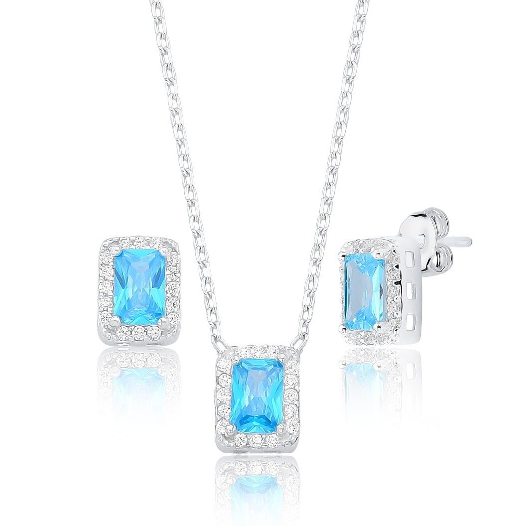 Conjunto Prata Legítima 925 Cravejado Cristal Azul