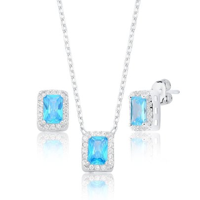 Conjunto Prata Legítima 925 Cravejado Cristal Azul