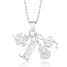 Colar Prata Legítima 925 Cravejado Trevo e Música 