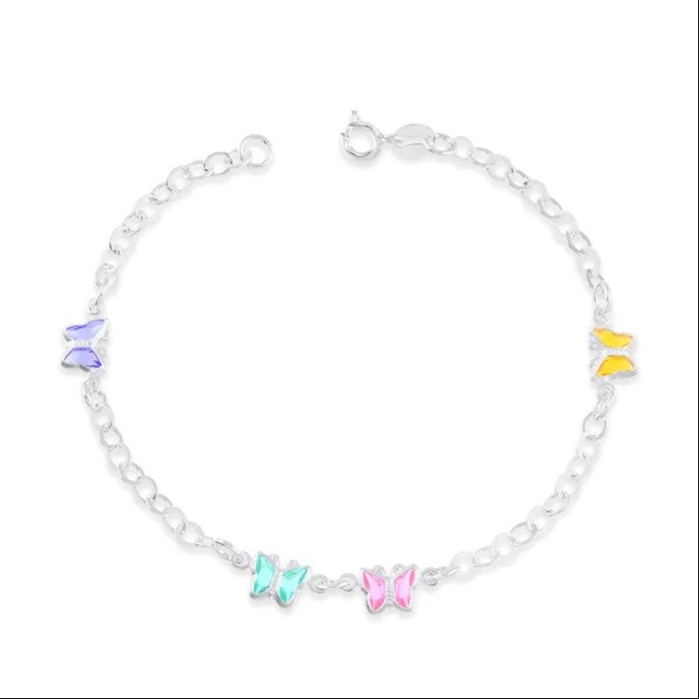 Pulseira de Prata Borboletas Coloridas 18cm