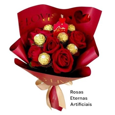 Buquê de Bombons de Chocolate e Rosas Eternas 