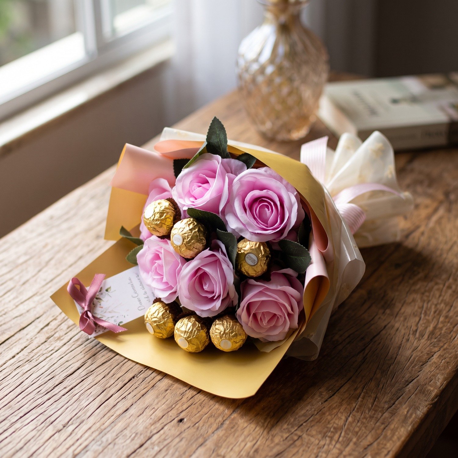 Buquê Suzy Bombons de Chocolate e Rosas Eternas