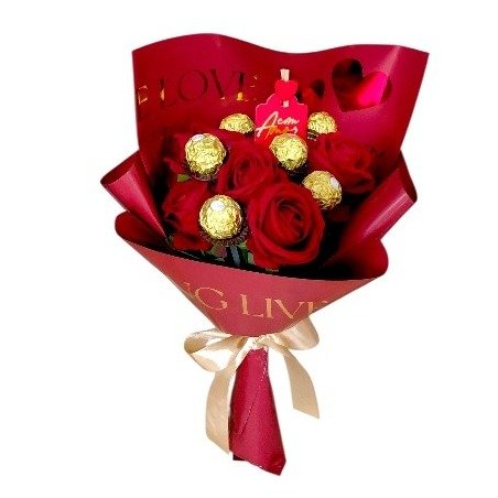 Buquê Juliet Bombons Chocolate e Rosas Eternas 