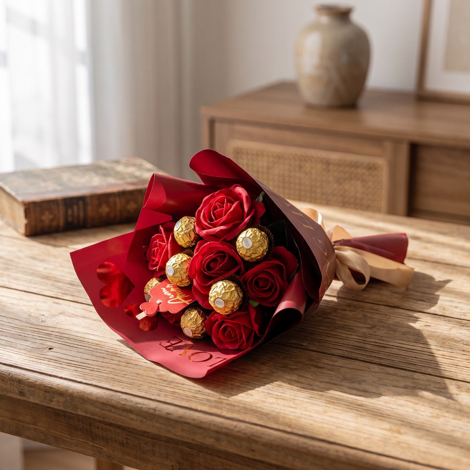 Buquê Juliet Bombons Chocolate e Rosas Eternas 