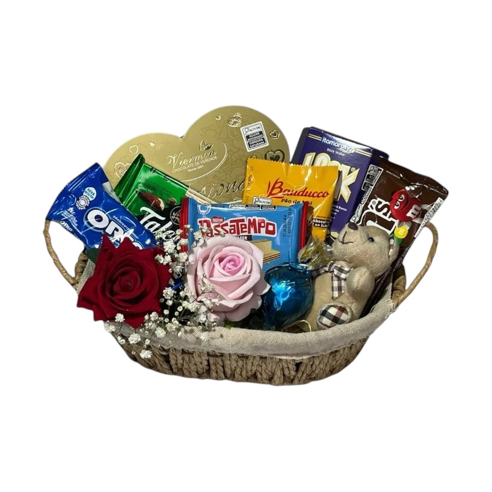 Cesta de Chocolate Delicias com Pelúcia e Flores 