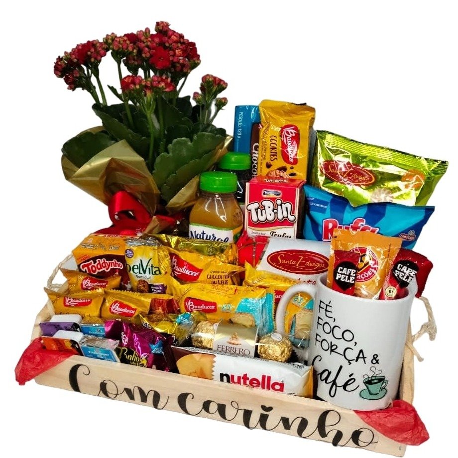 Cesta de Café Grande com Biscoitos, Caneca e Flores