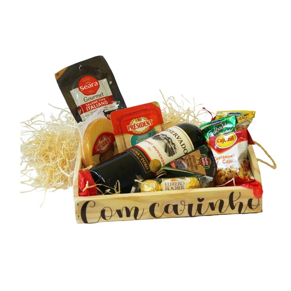 Cesta de Vinho Média com Queijos e Aperitivos