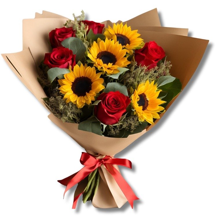 Buquê com Girassóis e Rosas Vermelhas Importadas
