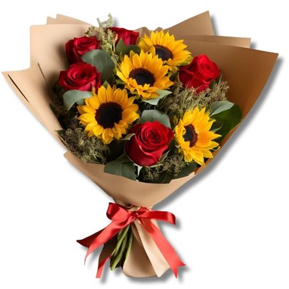 Buquê com Girassóis e Rosas Vermelhas Importadas