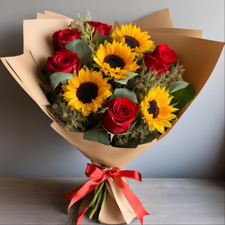 Buquê com Girassóis e Rosas Vermelhas Importadas