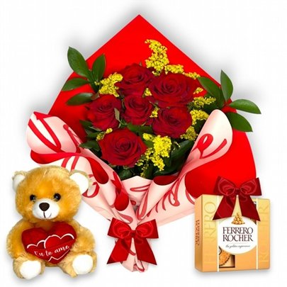 Buquê de 6 Rosas, Ferrero Rocher e Urso de Pelúcia