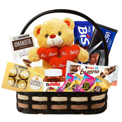 Cesta Romântica com Urso de Pelúcia e Chocolates