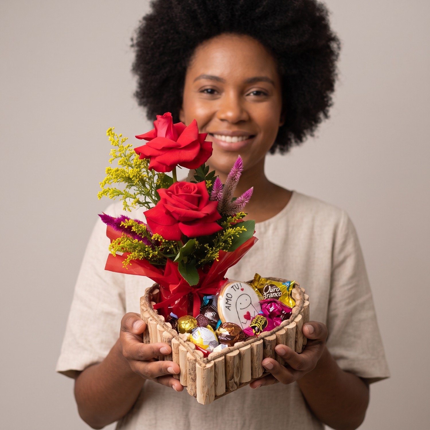 Cesta Romântica Rústica Média  Coração com Rosas