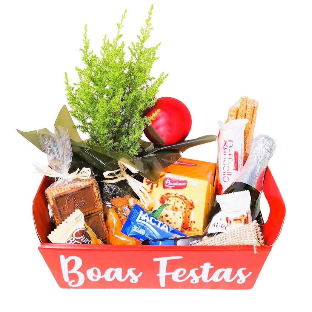 Cesta de Natal Kraft P Vermelha com Mini Pinheiro