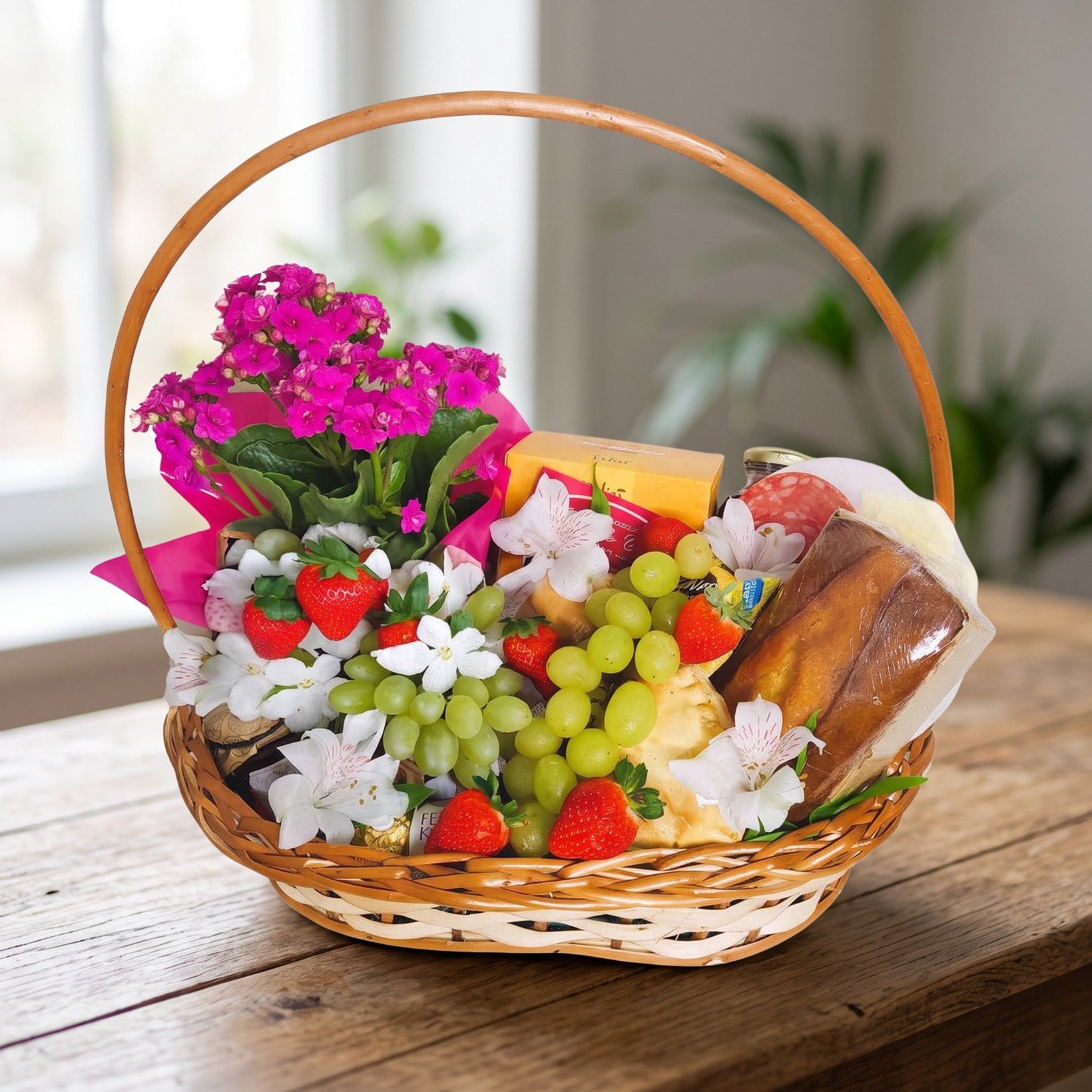 Cesta de Café da Manhã M em Vime Flor Plantada e Doces