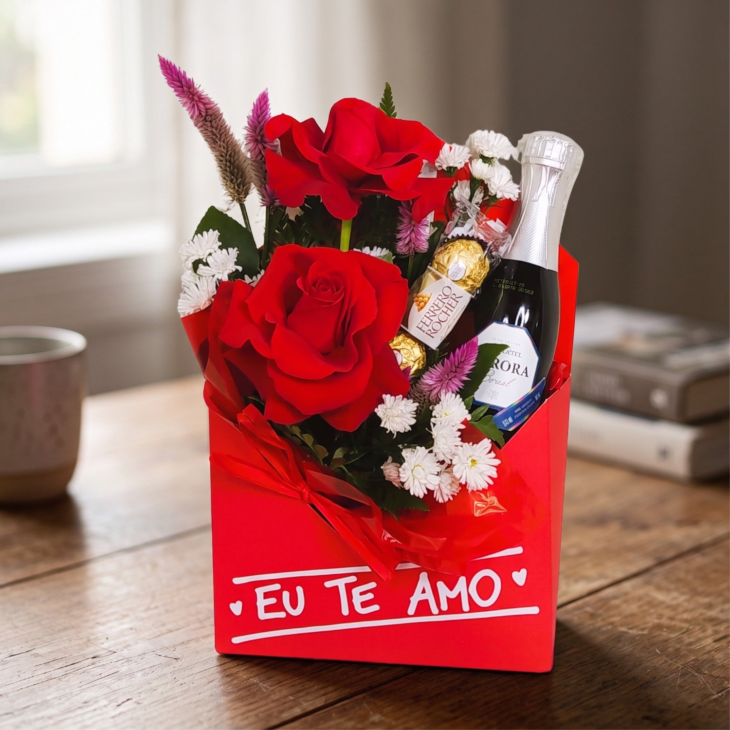 Cesta Envelope Kraft Rosa e Chocolates