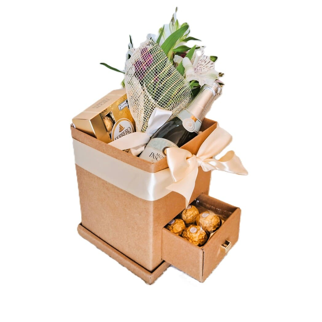 Caixa Gaveta com Chocolates e Espumante