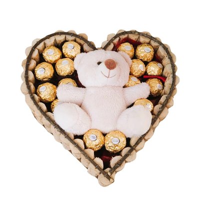 Cesta Coração Rústico M Ferrero Rocher Urso de Pelúcia
