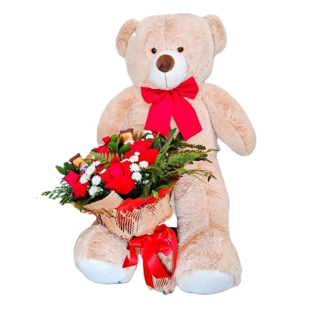 Urso Pelúcia G 1 Metro e Buque de 6 Rosas