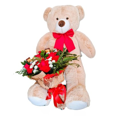 Urso Pelúcia G 1 Metro e Buque de 6 Rosas