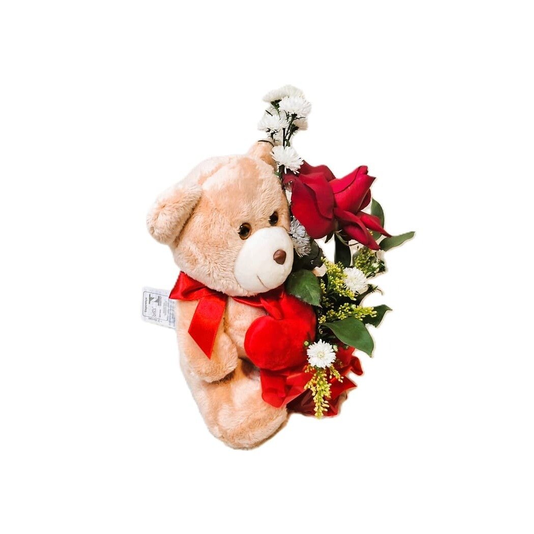 Urso de Pelúcia 20cm Com Coração e Arranjo de Rosa