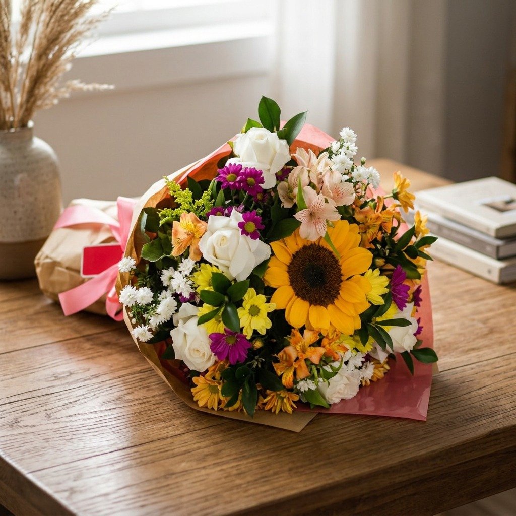 Buquê de Flores Variadas, Girassol, Rosas e Astromélia