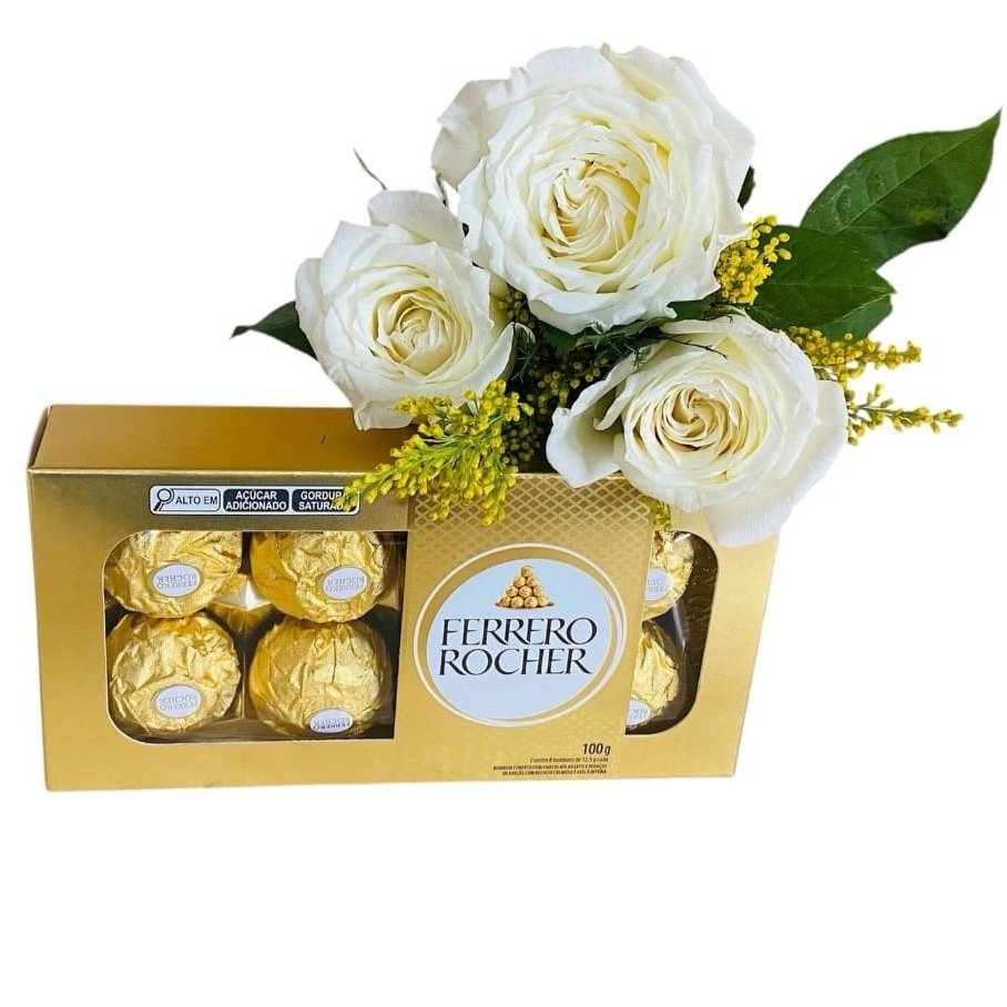 Ramalhete 3 Rosas Brancas e Ferrero 