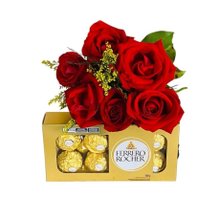 Buquê 6 Rosas Vermelhas e Ferrero