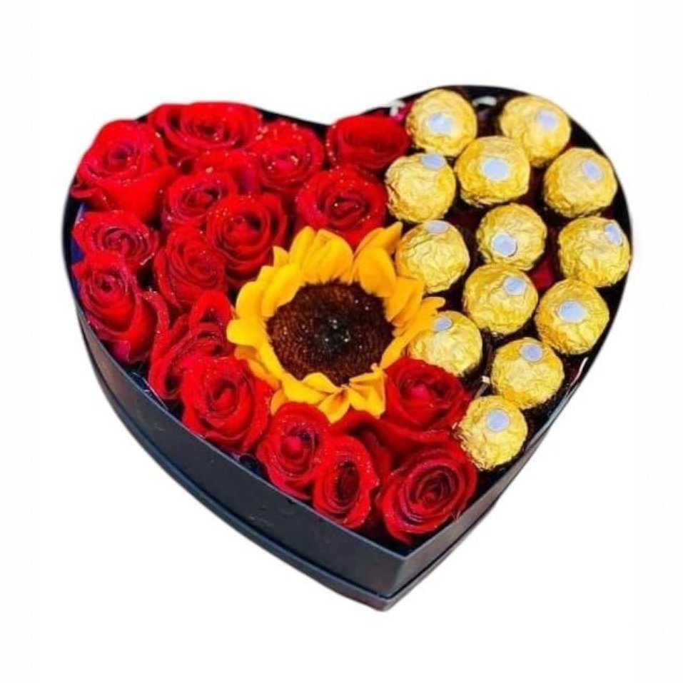 Box de Coração Rosas e Girassol