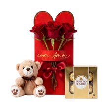 Trio Exclusivo de Rosas Ursinho e Ferrero
