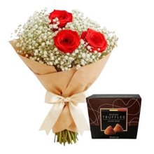 Buquê 3 Rosas Vermelhas e Trufas Belgas