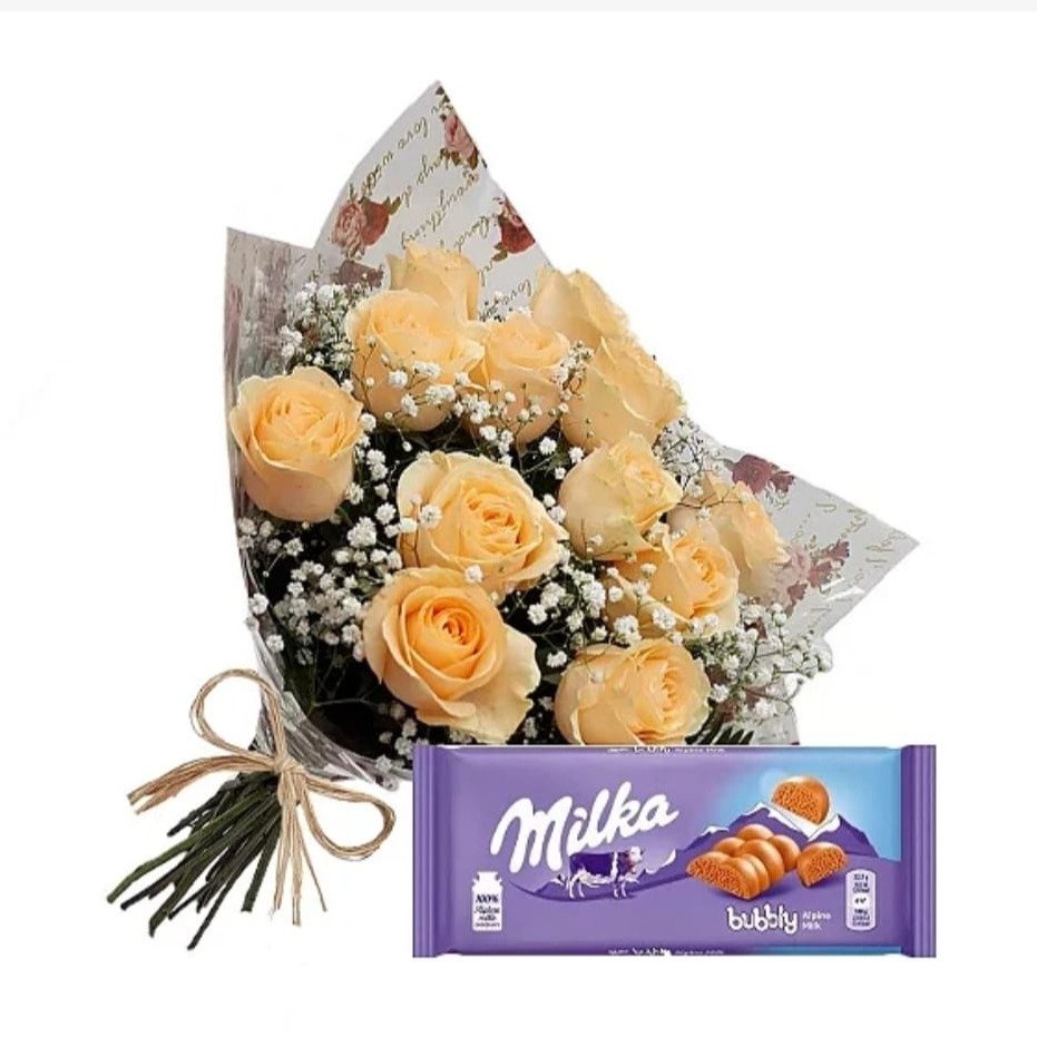 Buquê 12 Rosas Champagne e Milka