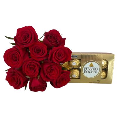 Buquê 10 Rosas com Caixa de Bombons 100g