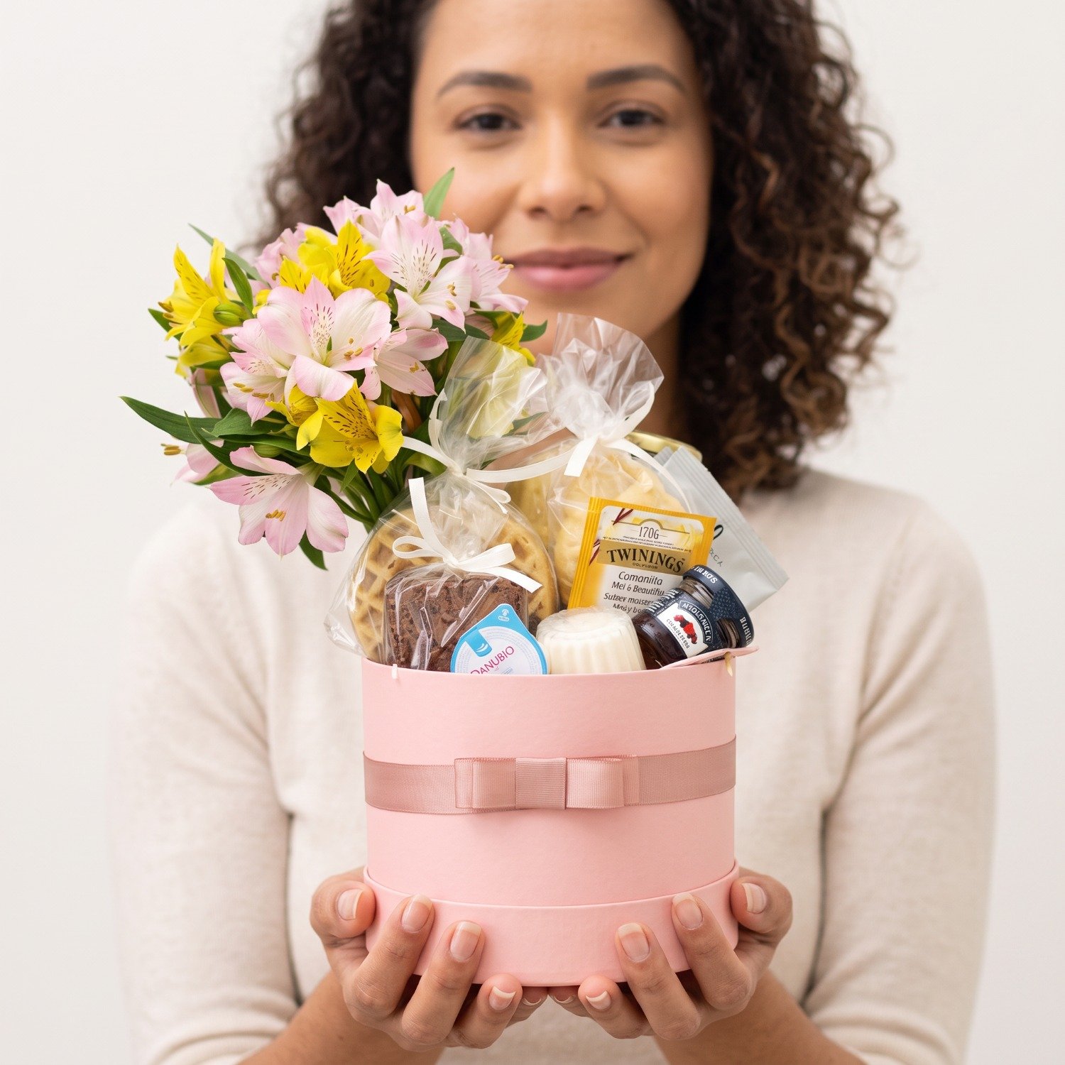 Cesta de Café da Manhã com Flores G Rosa