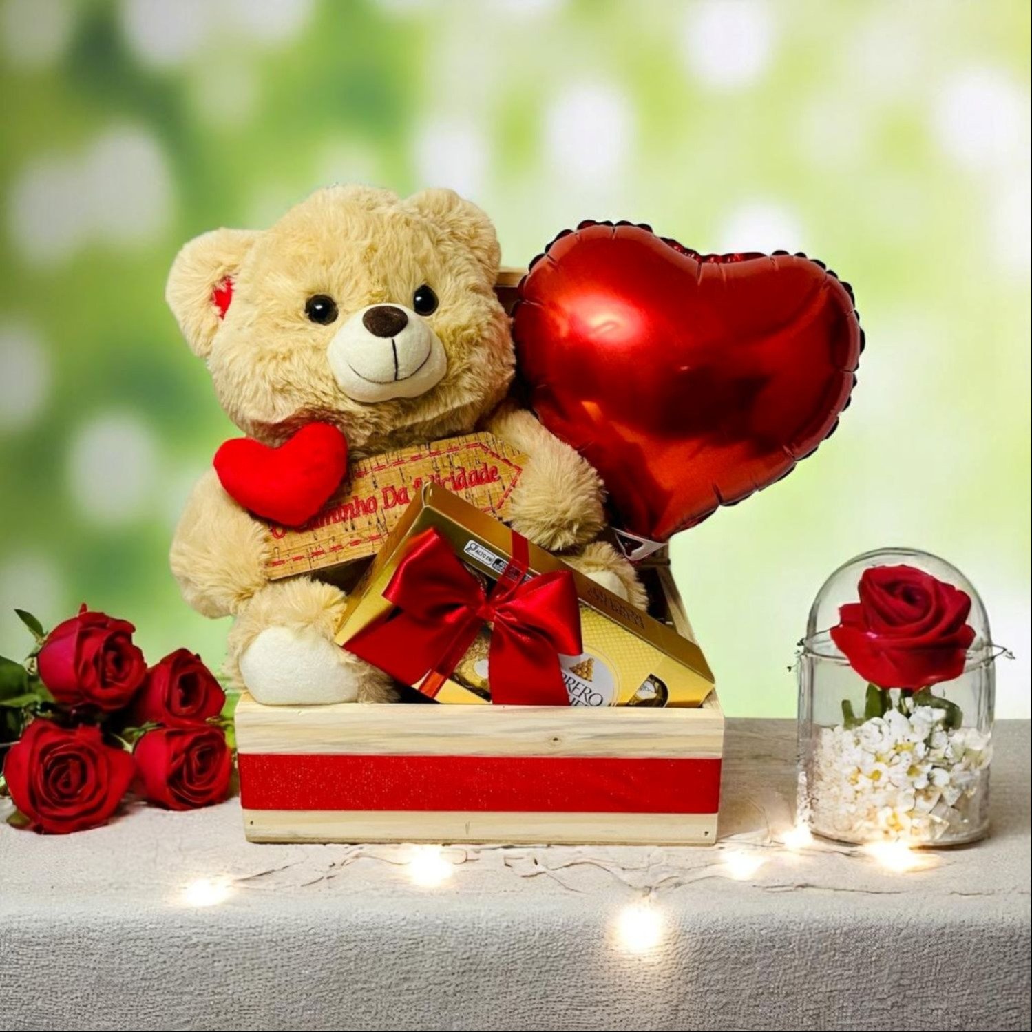 Cesta Dia dos Namorados - Urso, chocolate e coração