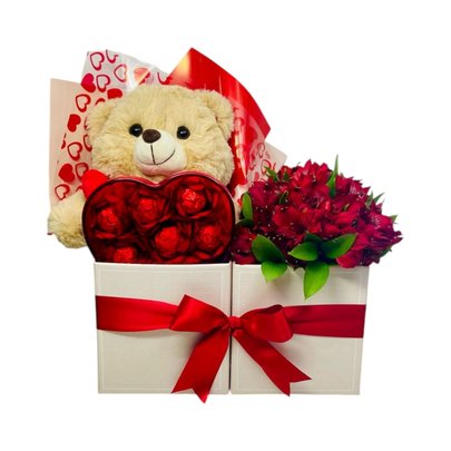 Cesta Dia dos Namorados - Flores, urso e chocolate