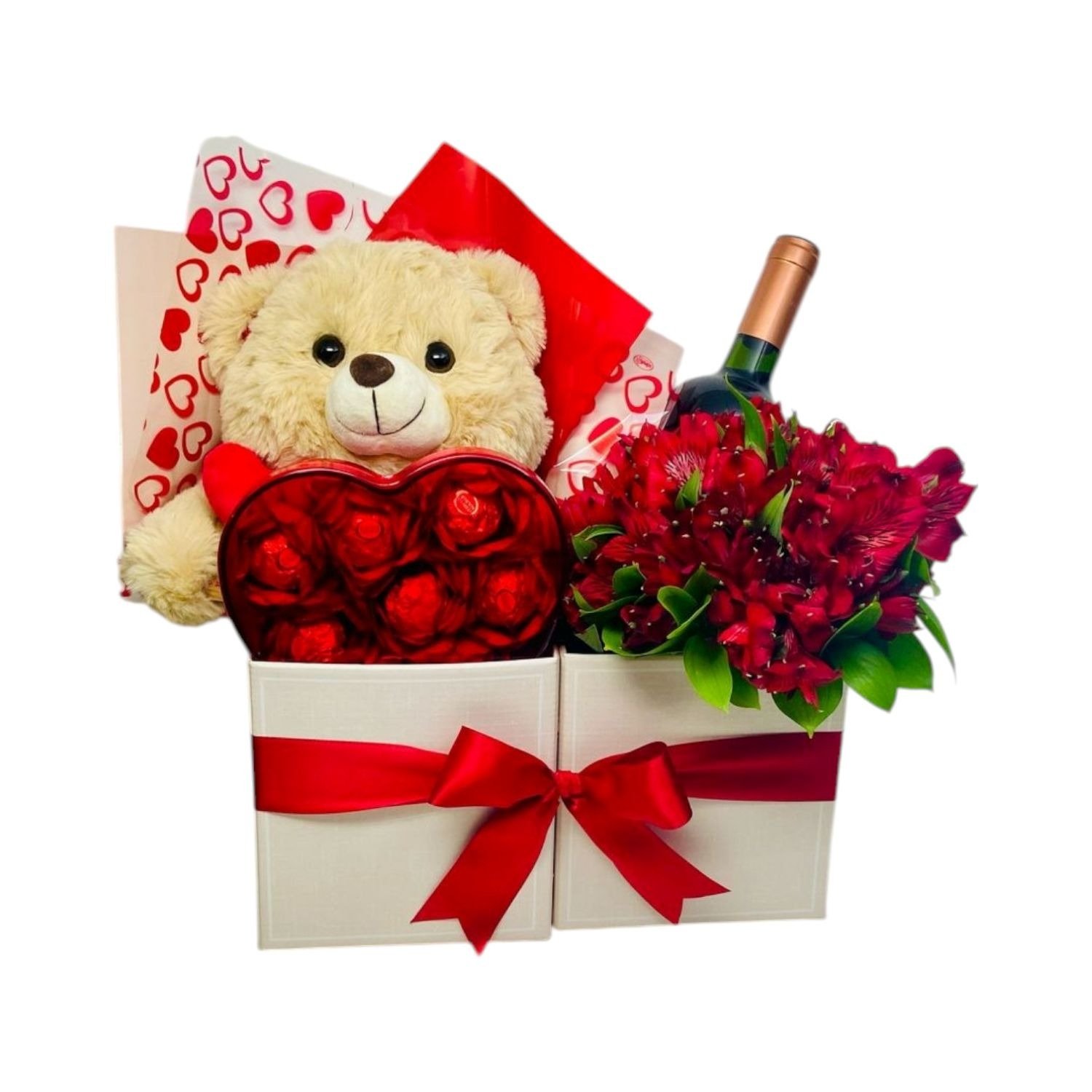 Cesta Namorados - Flores, urso, chocolate e vinho