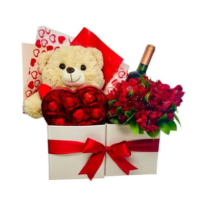 Cesta Namorados - Flores, urso, chocolate e vinho