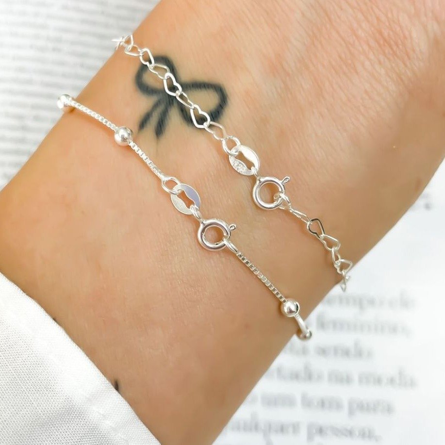 Kit Pulseiras de Prata 925 Coração e Bolinhas
